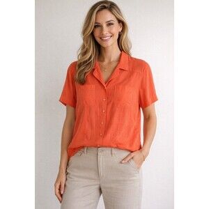 Anna & Frank Silk Top Womens M Orange Button Up Short Sleeve Blouse Lightweight